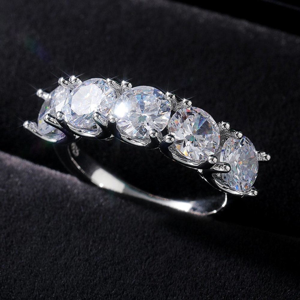 😍Lovely 5 Stone Round Dainty CZ Gems Silver Trendy Eternity Rings, K836 - Picture 3 of 9